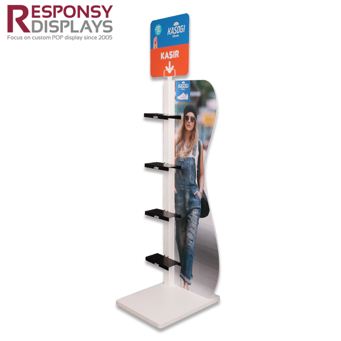 Customized Floor Metal Shoes Store Display Racks With PVC Graphic Panel