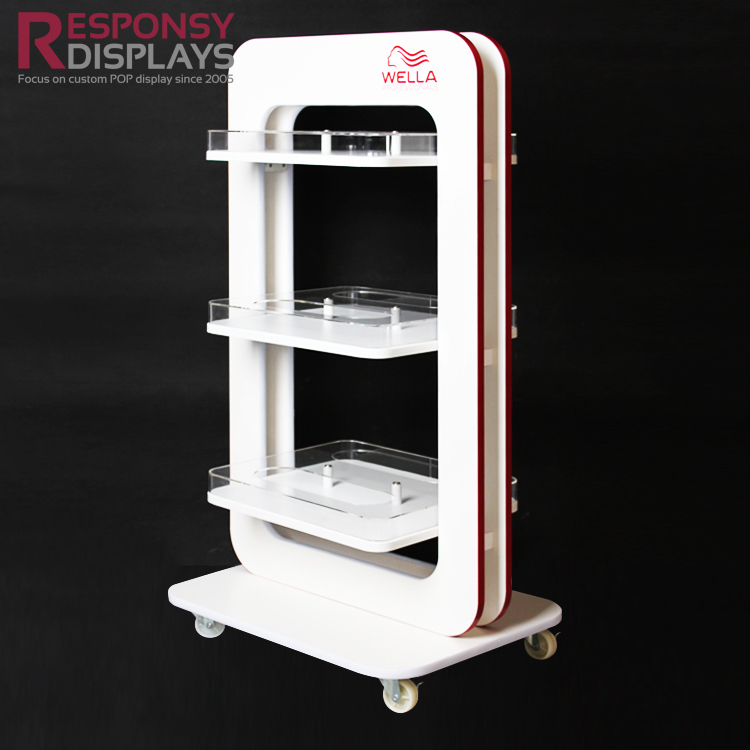 New Design 3 Layers Wood Acrylic Cosmetic Display Stand With 4 Wheels