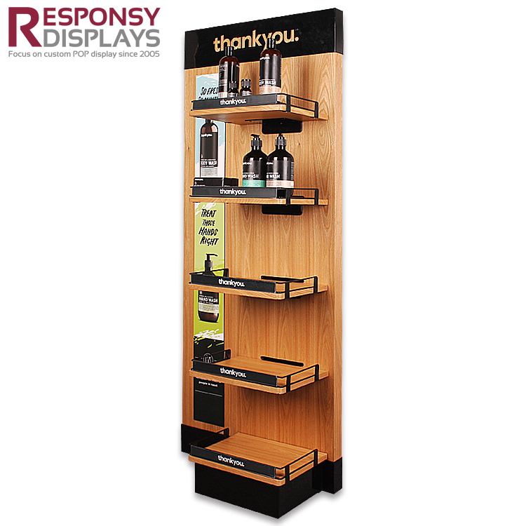 Custom Floor Wood Hand Cream Shampoo Make Up Display Shelves