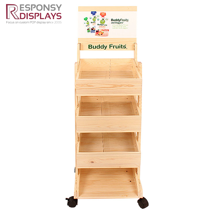 Wooden Three Tiers Mobile Portable Buddy Fruits Floor Display Shelves