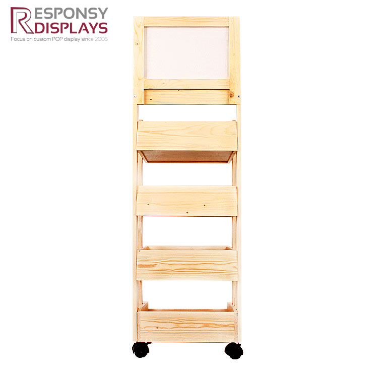 Wooden Three Tiers Mobile Portable Buddy Fruits Floor Display Shelves