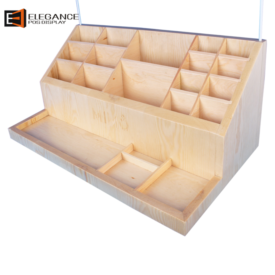 Shopping Mall Counter Natural Wood Glass Bottle Display Stand