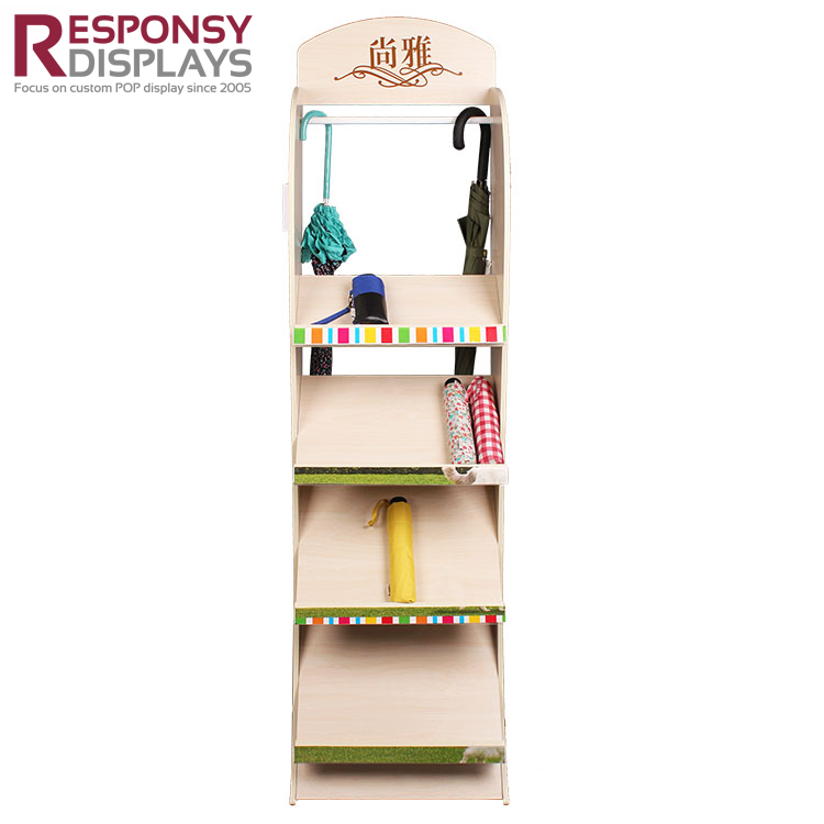 Wholesales 4 Layer Floor Wooden Umbrella Display Shelf For Hanging